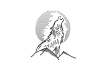 Load image into Gallery viewer, Wolf howling to the moon on mountain machine embroidery design-Kraftygraphy
